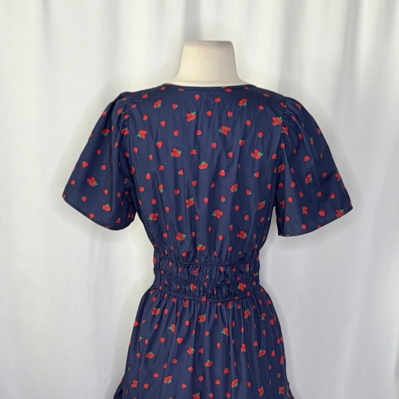 ANTHROPOLOGIE Strawberry Print Smocked Somerset Mini Dress Navy Blue Red Small - Picture 10 of 14